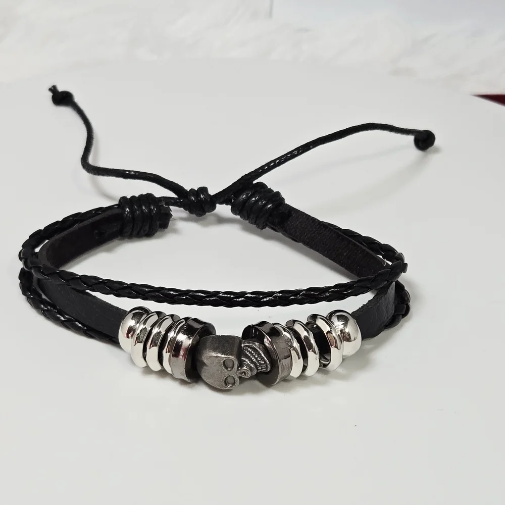 Men’s Punk Skull Faux Leather Bracelet Adjustable Edgy Statement Layered Casual